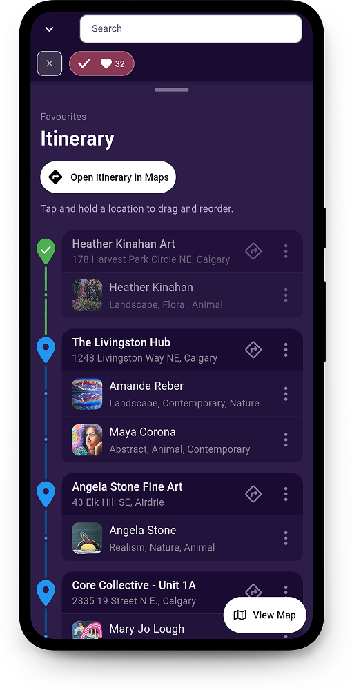 Itinerary builder and artist profile screens.
